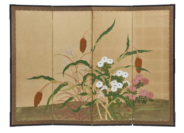 Paravent à quatre feuilles (byobu) avec une peinture anonyme figure des herbes susuki, des chrysanthèmes en fleur ainsi que quelques gerbes mûres de mille