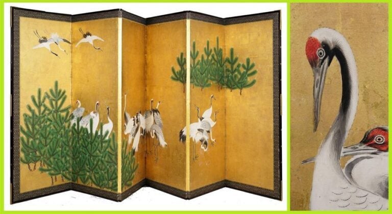 PARAVENT A SIX (6) FEUILLES AUX GRUES JAPONAISES A BONNET ROUGE, BYOBU