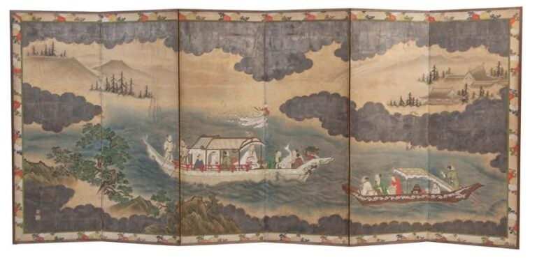 Paravent à six feuilles (byobu) avec une peinture polychrome de style Kano garnie de poudre d'o