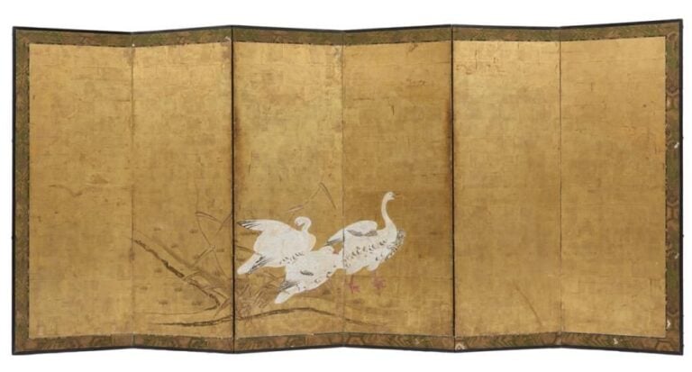 Paravent à six feuilles (byobu), avec une peinture sur des feuille d'or de trois oies blanches, parmi des bambou