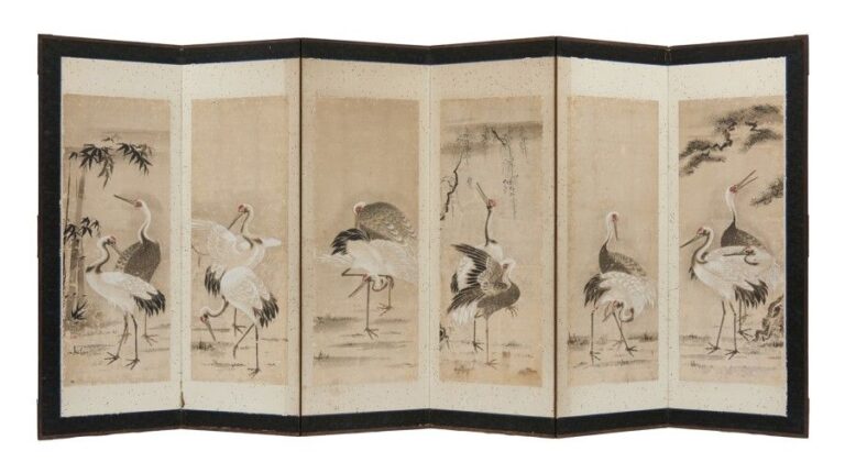 Paravent à six feuilles byobu embelli de six peintures monochromes (rehaussées d'un peu de rouge) figurant des couples de grues japonaise