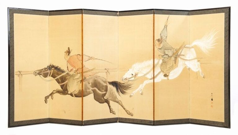 Paravent à six panneaux (byobu) avec une peinture figurant une scène de dressage de cheva