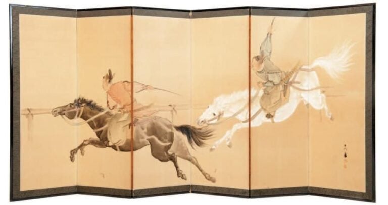 Paravent à six panneaux (byobu) avec une peinture figurant une scène de dressage de cheva