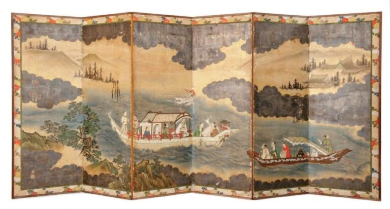 Paravent à six panneaux (byobu) décoré d'un personnage chinois dans un bateau-dragon (longchuan ou dragon boat en anglais) pêchant une carpe sur un la