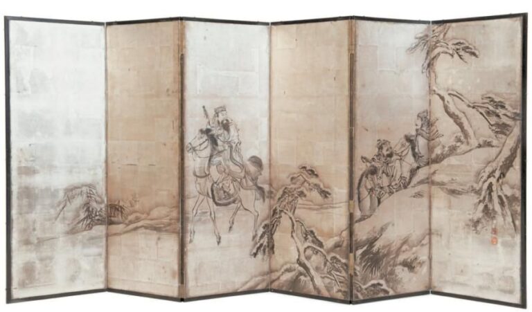 Paravent à six panneaux (byobu) peint à l'encre de Chine (sumi-e) sur feuilles d'argent, figurant trois guerriers chinois à cheval et un paysage neigeu