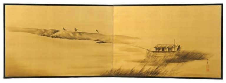 Paravent bas à deux panneaux (byobu) pour salon de thé avec une peinture à l'encre monochrome sur feuilles d'or représentant un bateau remorquée le long de la digue d'un cana