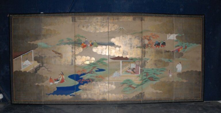 Paravent byobu à 6 panneaux relatant des scènes des Contes de Ise (Ise monogatari): histoire romancée du courtisan Ariwara no Narihira (825-880), le Don Juan japonai
