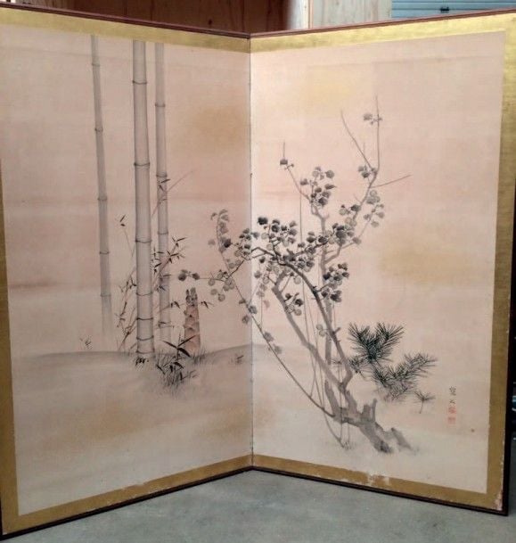 PARAVENT (byobu) à deux feuilles à décor floral et d'arbre