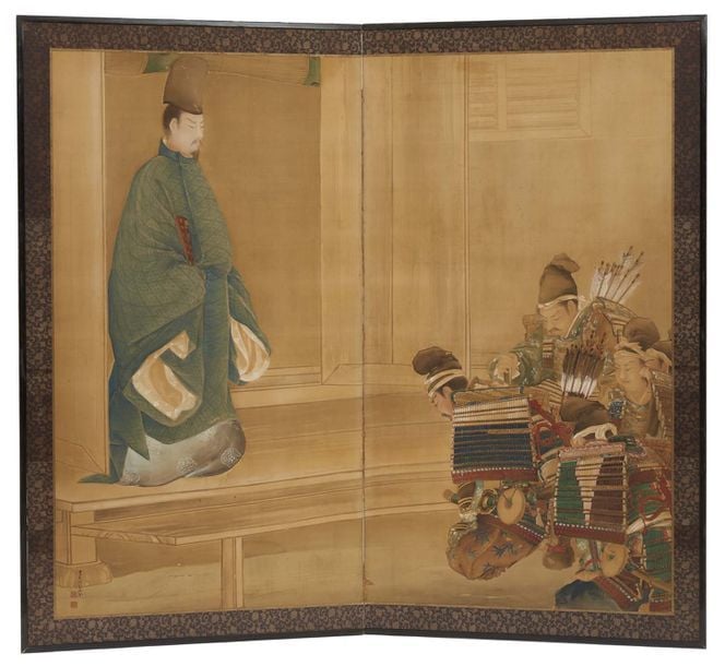 Paravent byobu à deux feuilles avec une peinture polychrome figurant trois samouraïs en train de faire une révérence devant un nobl
