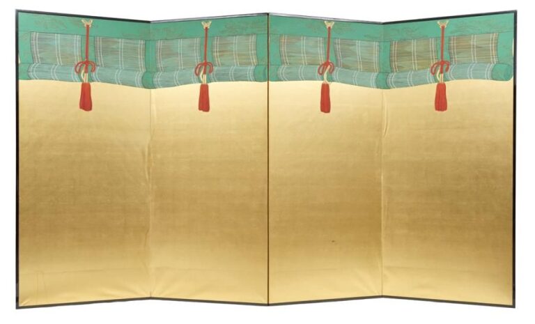 Paravent byobu à quatre feuilles d’une taille exceptionnelle et figurant une peinture anonyme représentant des volets japonais sudare verts enroulés
