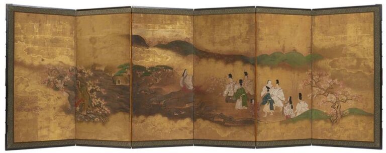 Paravent byobu à six feuilles avec une peinture anonyme polychrome figurant des courtisans et une jeune femme de la période Heian dans un paysage d’automne figurant un jardin garni de pins et d’érables, un ruisseau et une paire de canards mandarins sur feuilles d’o