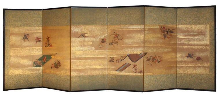 Paravent byobu à six feuilles avec une peinture anonyme polychrome figurant une bataille et un samouraï attaquant une maiso