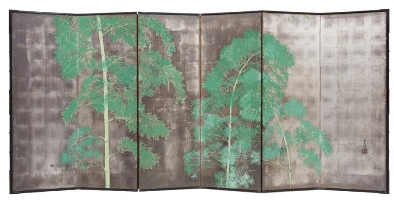 Paravent byobu à six feuilles avec une peinture figurant des bambous garnis de fines feuilles vertes peintes sur des feuilles d’argent noircie