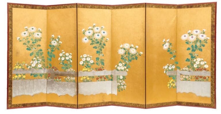 PARAVENT byobu à six feuilles figurant une peinture anonyme polychrom
