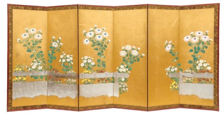 PARAVENT byobu à six feuilles figurant une peinture anonyme polychrom