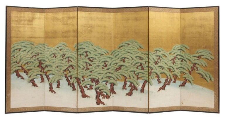 Paravent (byobu) à six feuilles figurant une peinture anonyme sur feuilles d'or arborant des pin sur une plag