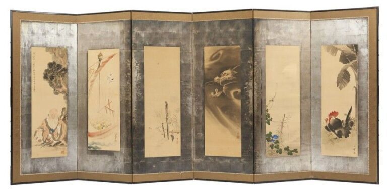 Paravent (byobu) à six feuilles garni de six peintures individuelles arborant des thèmes varié