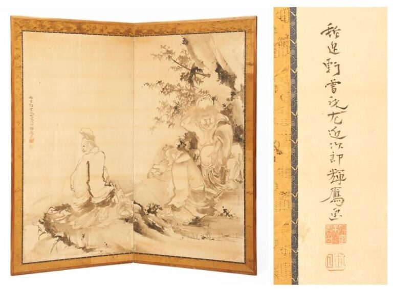 Paravent deux panneaux (byobu) par Soga Shohaku (1730-1781) figurant trois sages chinois peint l'encr