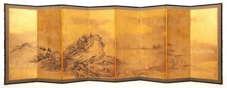 Paravent huit panneaux (byobu) anonyme, figurant une peinture l'encre de style Nanga reprèsentant un paysage avec des rochers et des èdifices sur fond de feuilles d'o