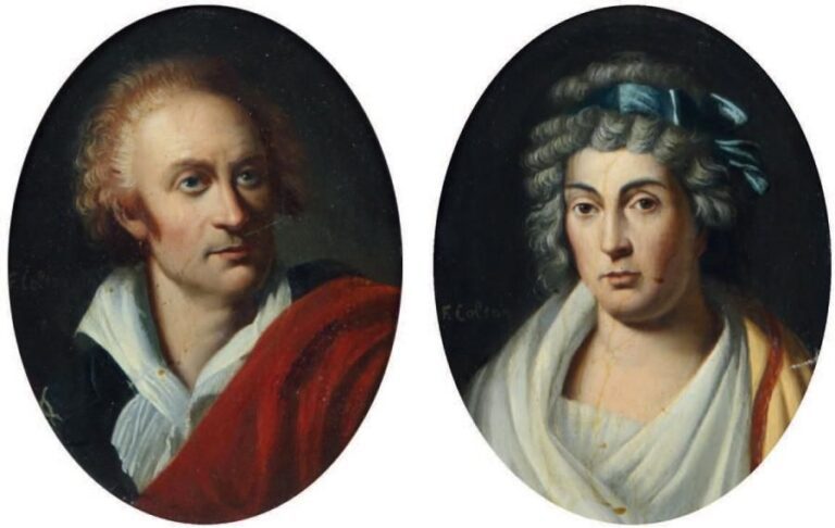 (Paris 1785 - Paris 1850) «Portrait présume du comte Alfieri» et «Portrait présumé de la duchesse Albani» Paire d'huiles sur cartons ovales Porte une signature