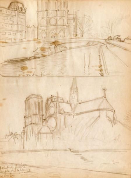 Paris la Seine et Notre-Dame Feuille d'étude, dessin au crayon noir signé en bas à droite et annoté en bas à gauche 27 x 20 cm