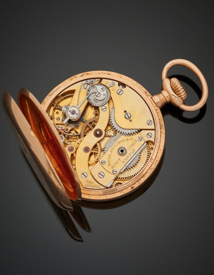 PATEK PHILIPPE - MONTRE DE POCHE en acier. Cadran blanc-gris clair, index "flèc…