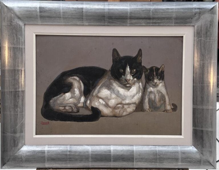 PAUL JOUVE (1878-1973) - « Chat et son petit, vers 1945 » - Huile sur panneau -…