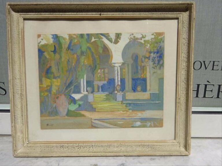 Paul NICOLAI (1876-1952)  La cour du riad Aquarelle gouachée sur carton Signée en bas à gauche Dans un encadrement et sous verre 22,7 cm x 30,2 cm Note: Peintre d'origine corse, Paul NICOLAI fut l'élève de ROCHEGROSS