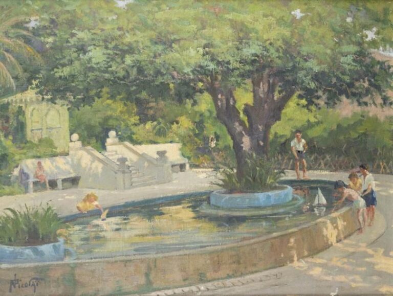 Paul NICOLAI (1876-1952)  Régate de modèles de bateaux dans la fontaine au parc ou Scène de parc animée Huile sur toile Signée en bas à gauche 46 x 61 cm (percement central) Note: Peintre d'origine corse, Paul NICOLAI fut l'élève de ROCHEGROSS