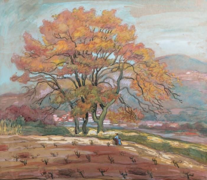 Paysage à l'arbre Aquarelle, signée en bas à gauche 66 x 76 cm (à vue) Watercolor, signed lower left
