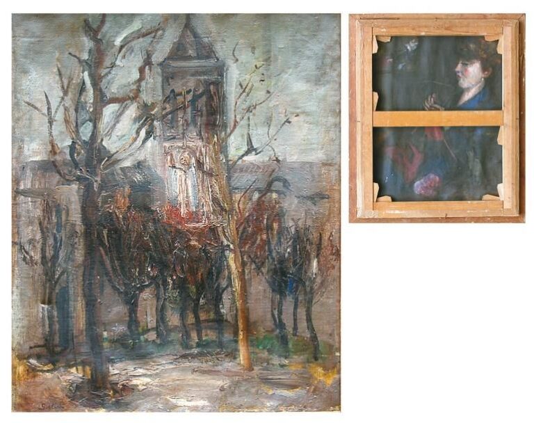 Paysage à l'église / Portrait de femme Huile sur toile (double face) Signée en bas à gauche 62 x 50 cm