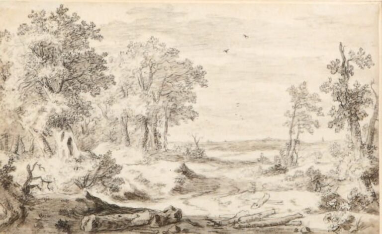 «Paysage à la clairière parsemée de troncs d'arbre» Pierre noire et lavis de bistre sur papier préparé Trace de signature en bas à gauche 19 x 30,5 cm