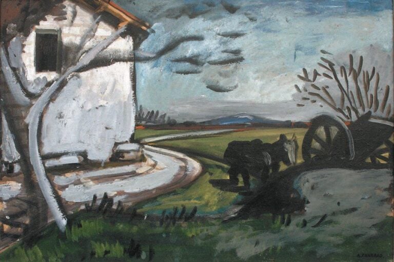 Paysage à la maison Huile sur carton, signée en bas à droite 76 x 56 cm
