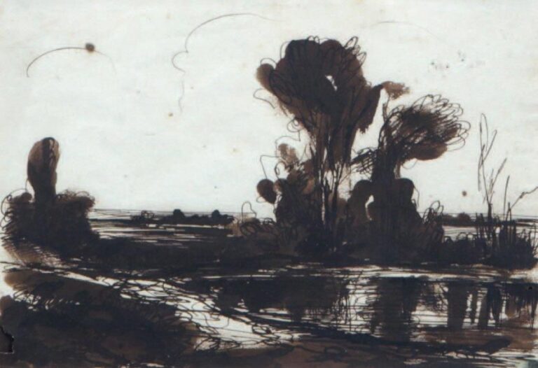 «Paysage à la mare» Plume et encre brune 13 x 19 cm