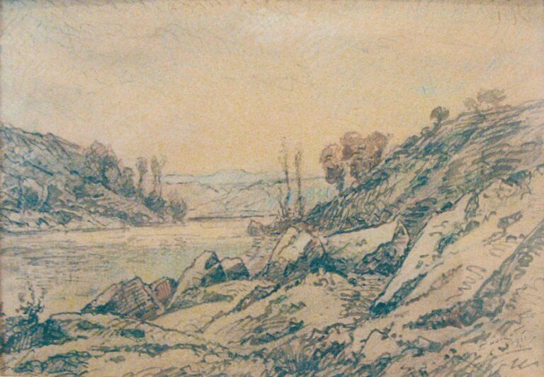 Paysage à la rivière Crayons de couleurs et encre, signé en bas à droite et daté 1911 22,5 x 38 cm