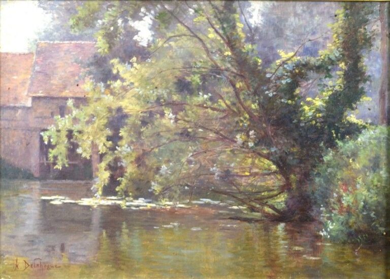 Paysage à la rivière Huile sur toile Signée en bas à gauche 33 x 46 cm