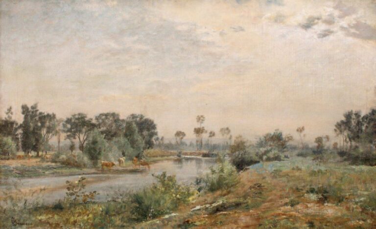 Paysage à la rivière Huile sur toile, signée en bas à gauche 39 x 62 cm