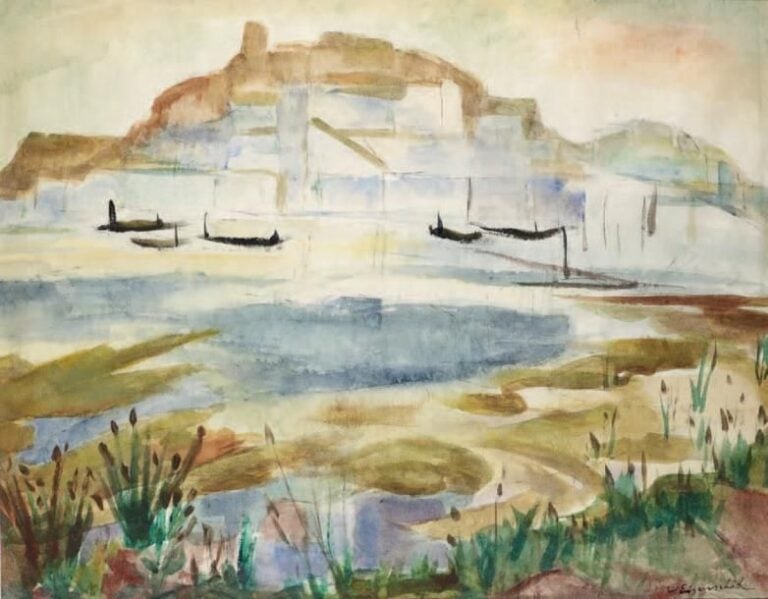 Paysage Aquarelle, signée en bas à droite À vue: 53 x 67 cm