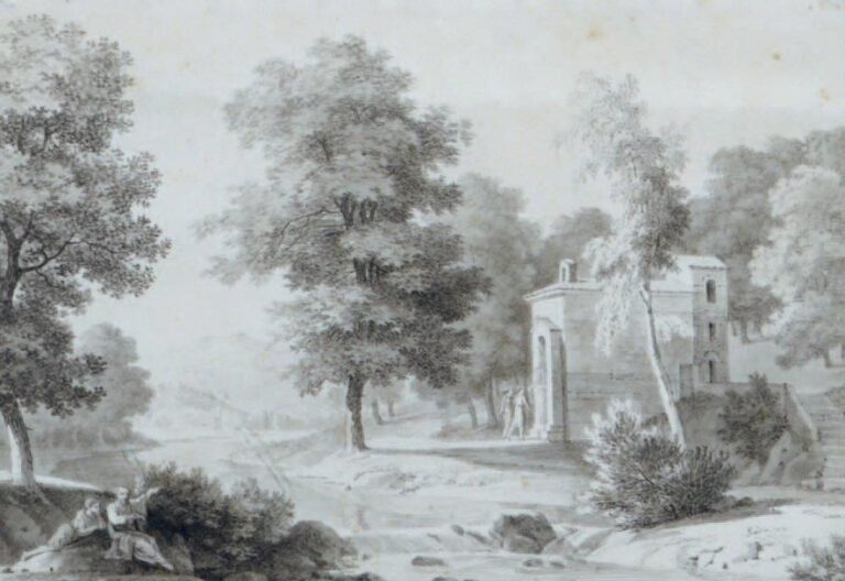 «Paysage au bord d'une rivière animé de personnages et d'un temple» Plume et lavis brun Signé Bertin en bas à gauche à la plume 18,5 x 26,5 cm