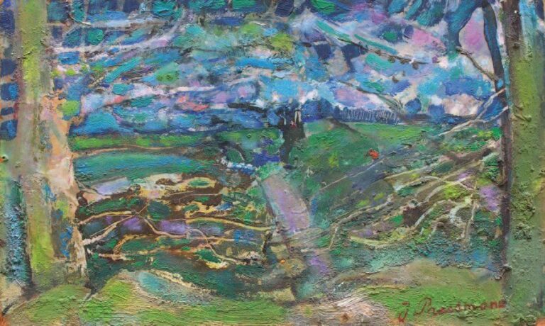 Paysage au ciel bleu (1960) Huile sur isorel Signée en bas à droite, datée au dos 16 x 26,5 cm
