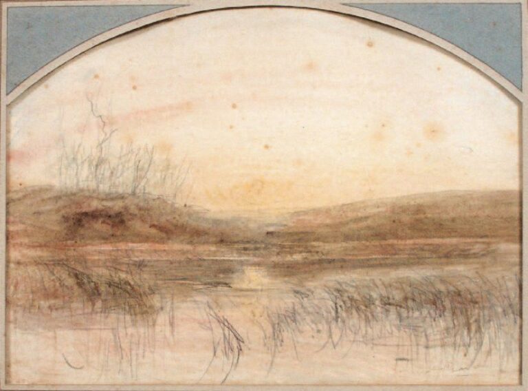 Paysage au lac Aquarelle, signée en bas à droite, format cintré 22 x 30 cm