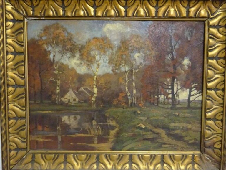 Paysage au lac Huile sur toile Signée en bas à droite 51 x 67 cm