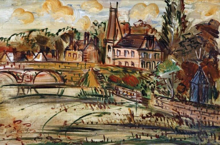 PAYSAGE AU PONT Huile sur panneau, signée en bas à gauche 20 x 30 cm