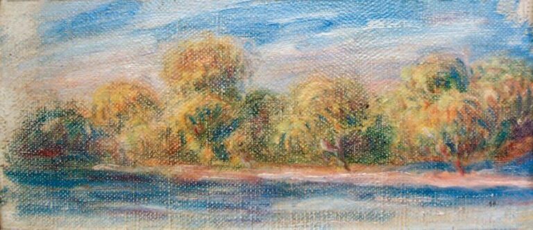 Paysage aux arbres Huile sur toile, marouflée sur panneau 9 x 21,5 cm Un inventaire en date de 1985, effectué par Maître Yvon