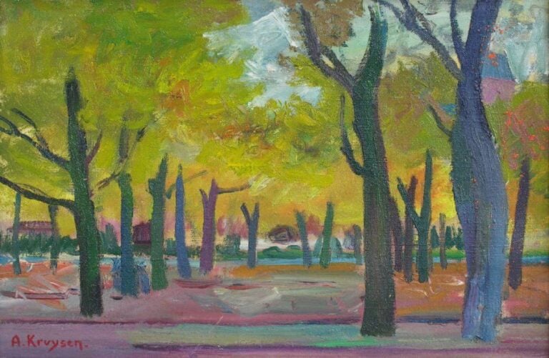 Paysage aux arbres Huile sur toile Signée en bas à gauche 34 x 41 cm
