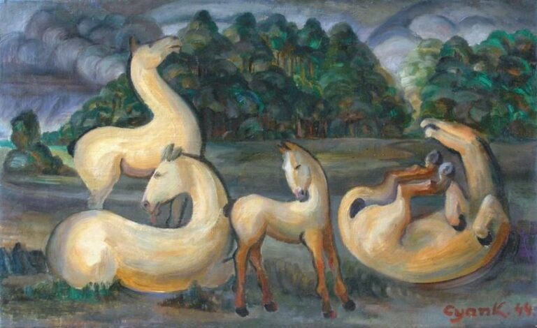 Paysage aux chevaux (1944) Huile sur toile signée et datée en bas à droite 37,5 x 60 cm