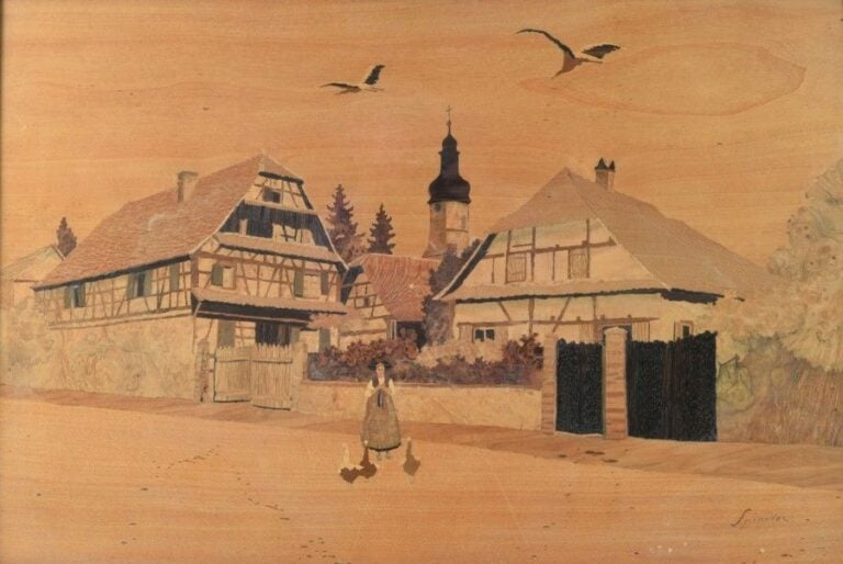 Paysage aux maisons animé d'une villageoise donnant à manger à trois oies dans le village de Grussenhei