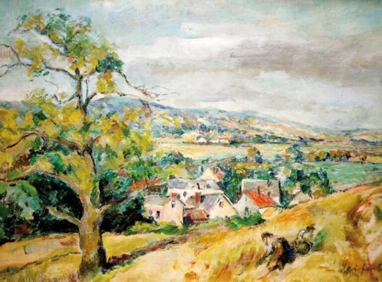 Paysage aux moissonneurs Huile sur toile Signée en bas à droite 33 x 46 cm