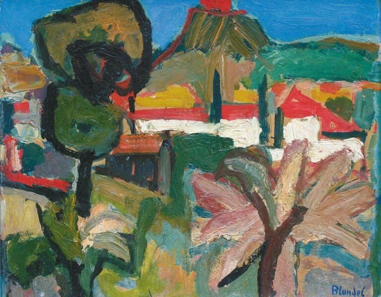Paysage aux palmiers Huile sur carton Signée en bas à droite 33 x 41 cm