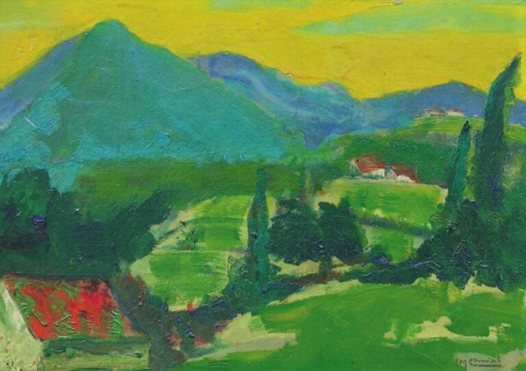 Paysage aux toits rouges Huile sur carto